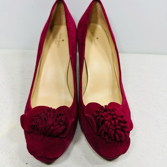 Kate Spade New York Suede Red High Heeled Pump Slip On Shoes Raised Flower 10 - Picture 3 of 7
